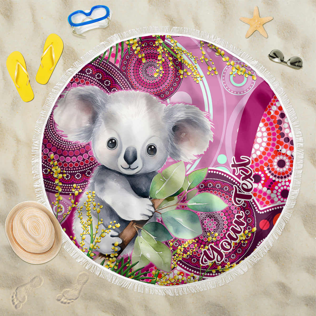 personalised-australia-beach-blanket-cute-koala-with-golden-wattle-indigenous-art