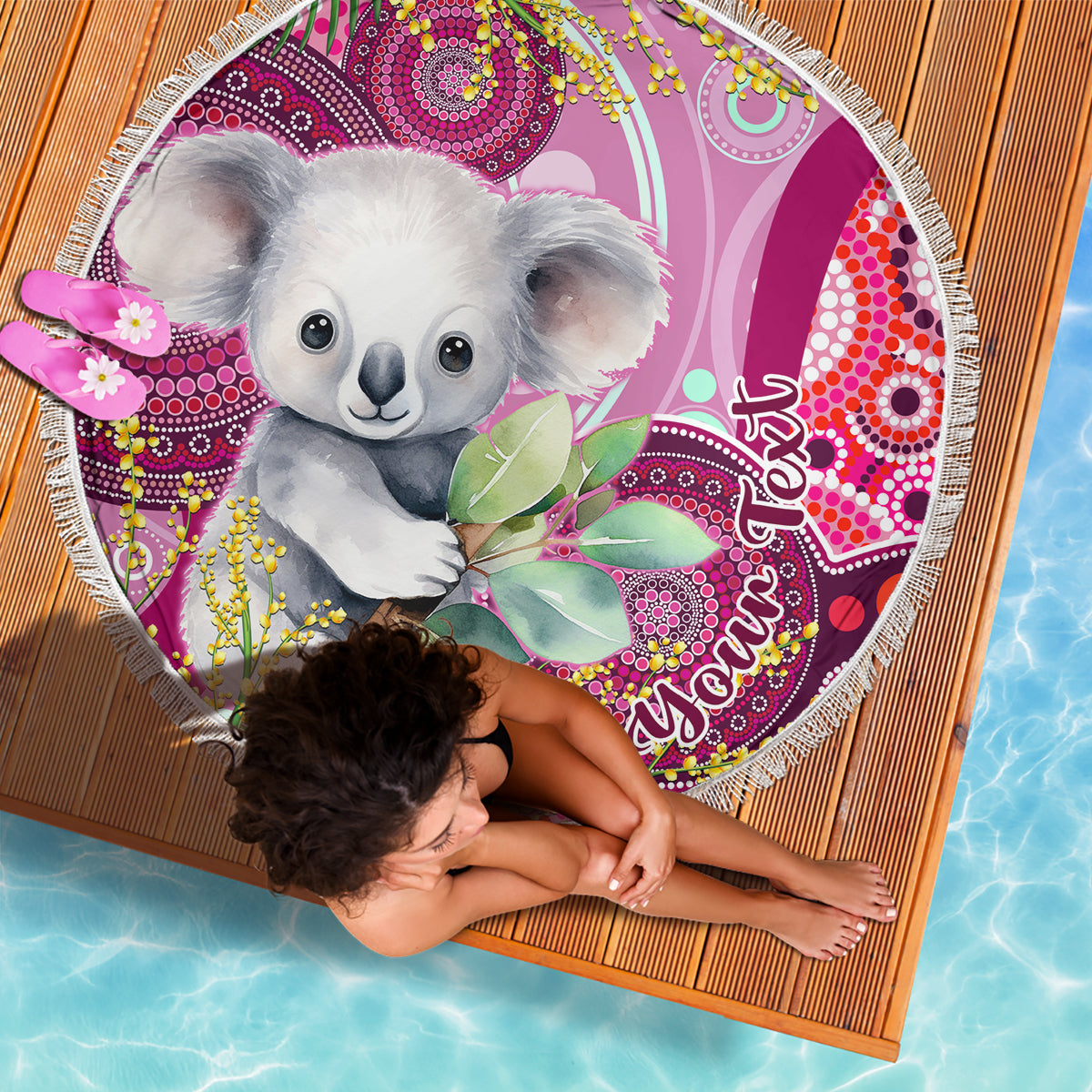 personalised-australia-beach-blanket-cute-koala-with-golden-wattle-indigenous-art
