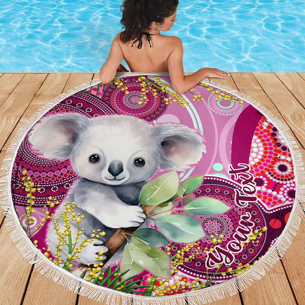 personalised-australia-beach-blanket-cute-koala-with-golden-wattle-indigenous-art