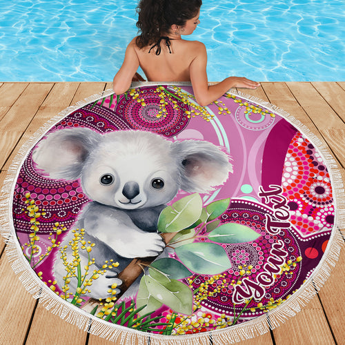 personalised-australia-beach-blanket-cute-koala-with-golden-wattle-indigenous-art
