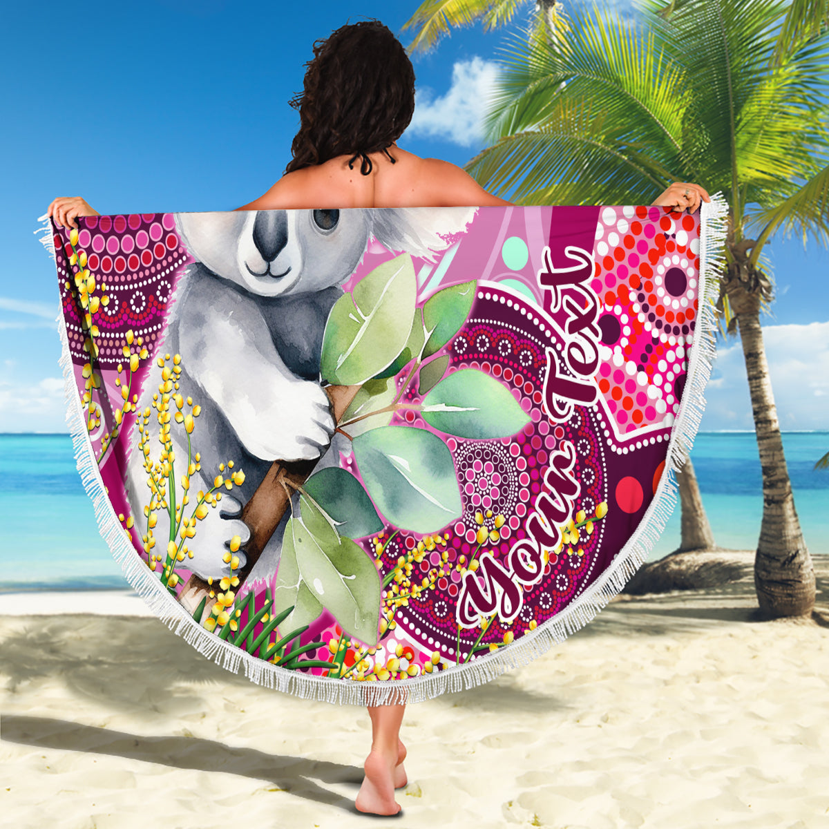 personalised-australia-beach-blanket-cute-koala-with-golden-wattle-indigenous-art
