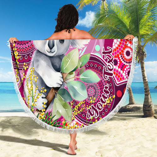personalised-australia-beach-blanket-cute-koala-with-golden-wattle-indigenous-art