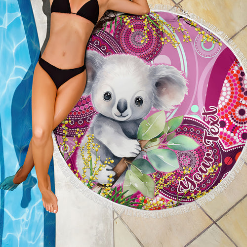 personalised-australia-beach-blanket-cute-koala-with-golden-wattle-indigenous-art