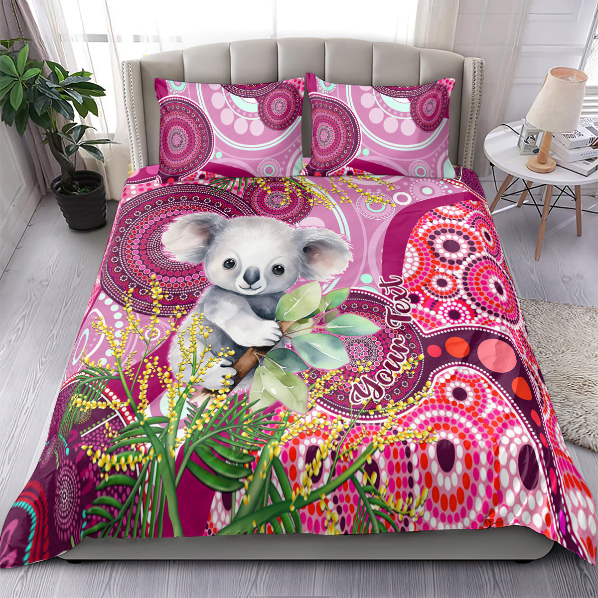 personalised-australia-bedding-set-cute-koala-with-golden-wattle-indigenous-art