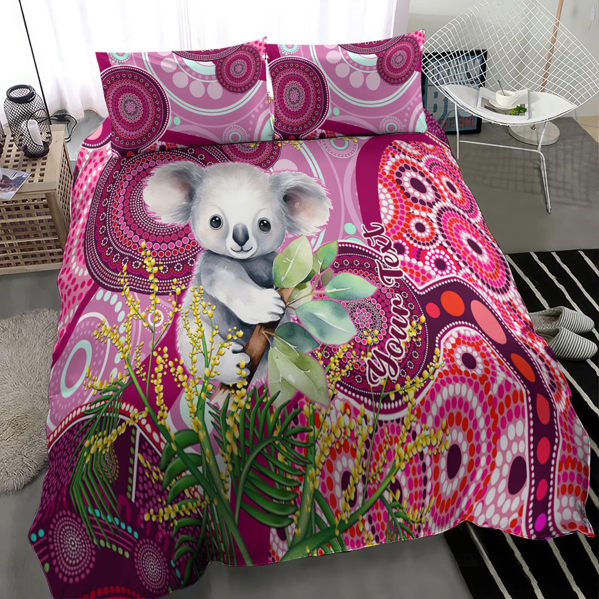 personalised-australia-bedding-set-cute-koala-with-golden-wattle-indigenous-art