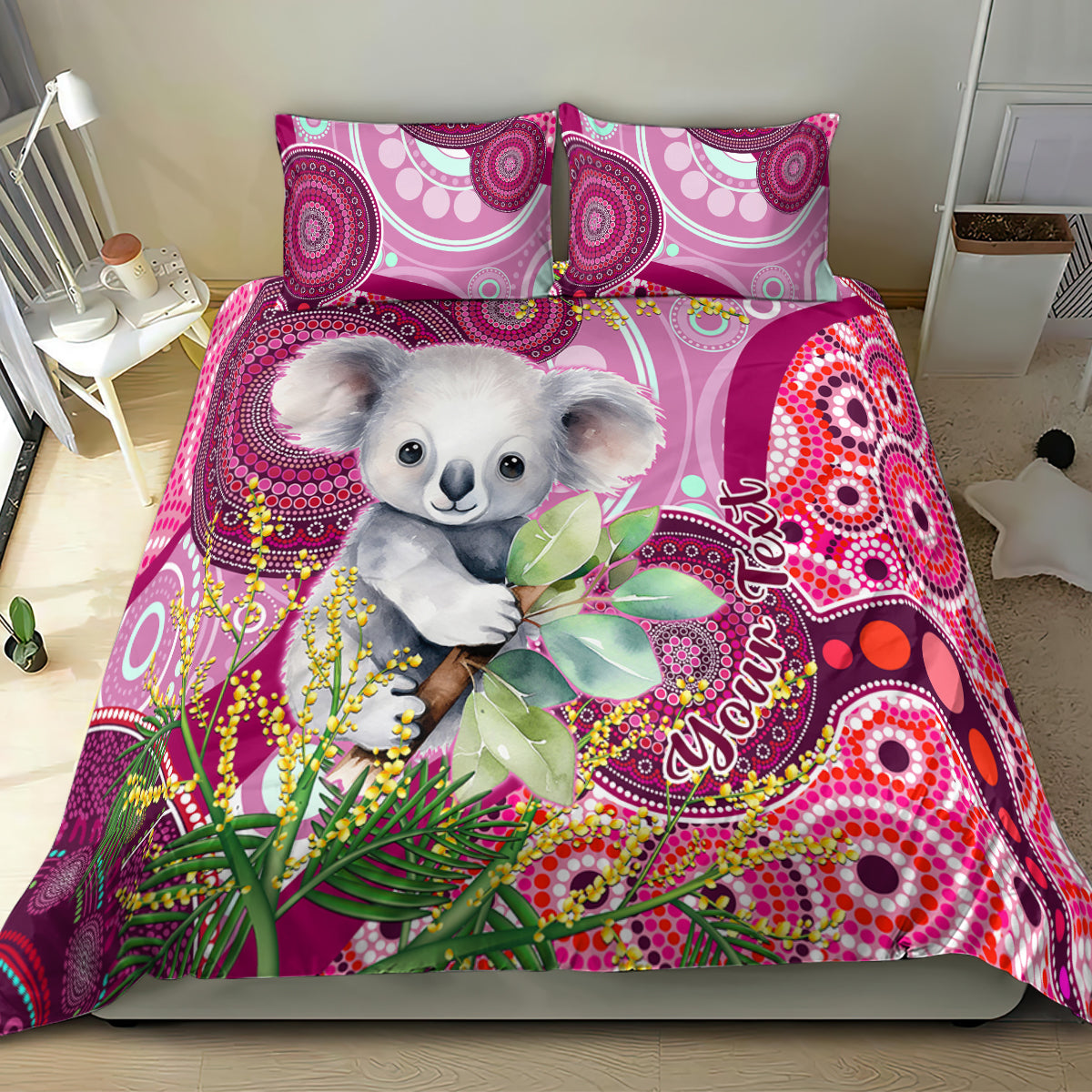 personalised-australia-bedding-set-cute-koala-with-golden-wattle-indigenous-art