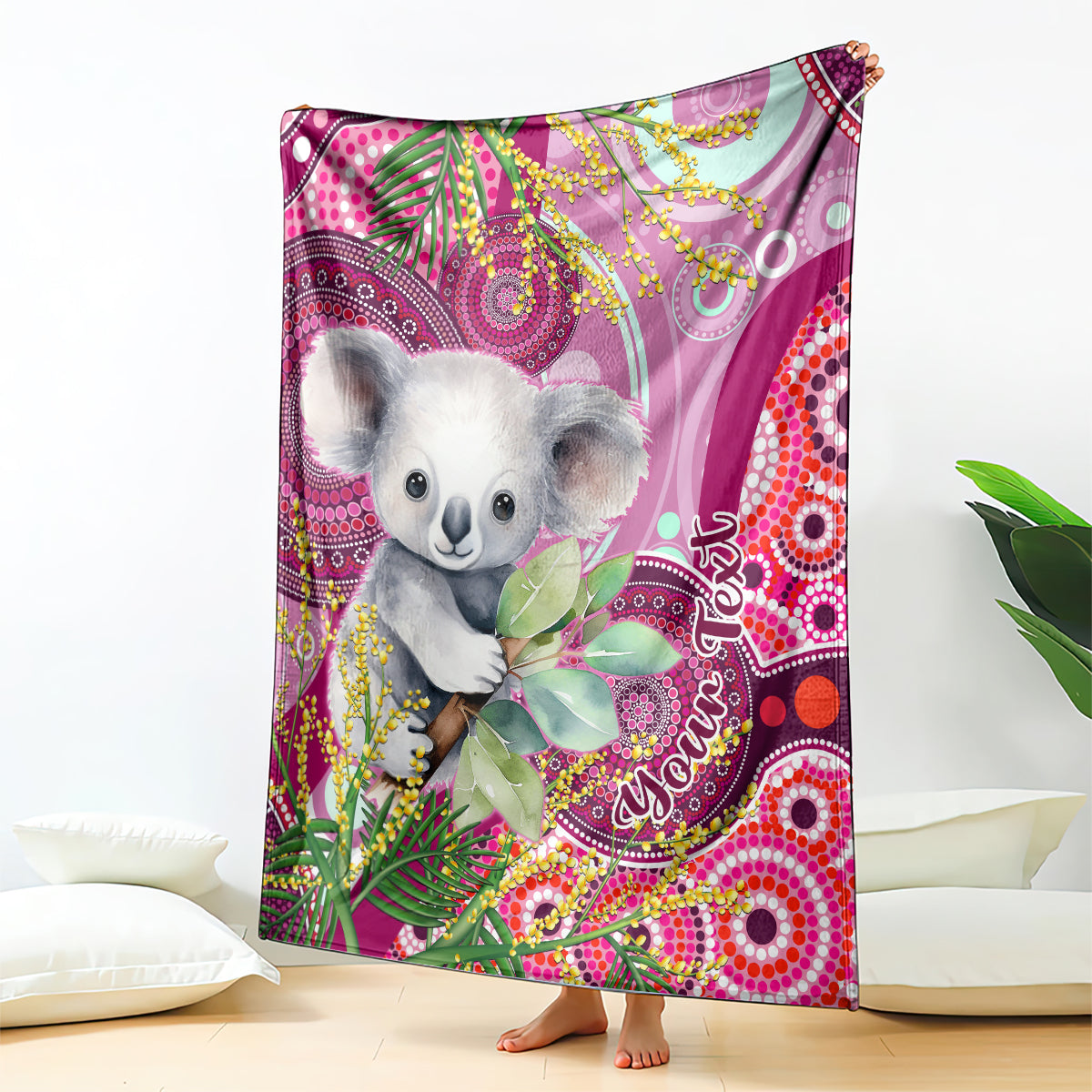 personalised-australia-blanket-cute-koala-with-golden-wattle-indigenous-art