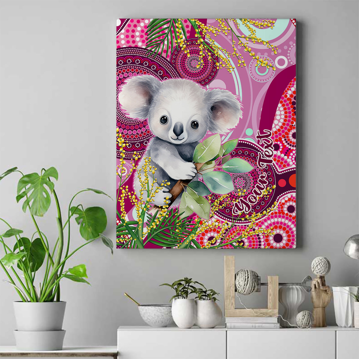 personalised-australia-canvas-wall-art-cute-koala-with-golden-wattle-indigenous-art
