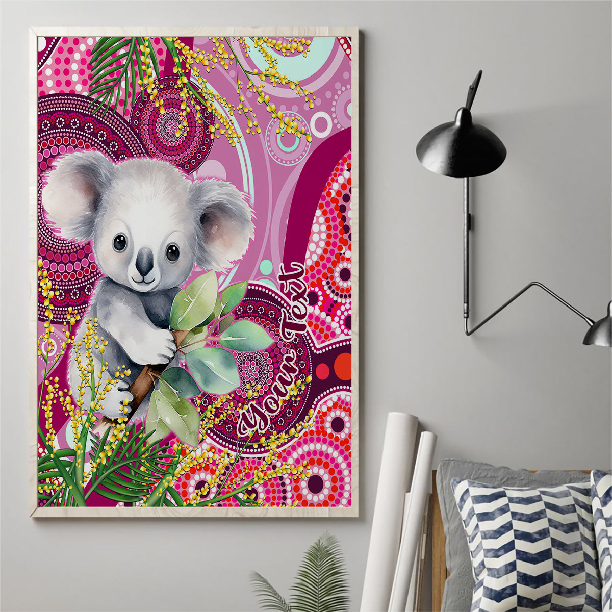 personalised-australia-canvas-wall-art-cute-koala-with-golden-wattle-indigenous-art