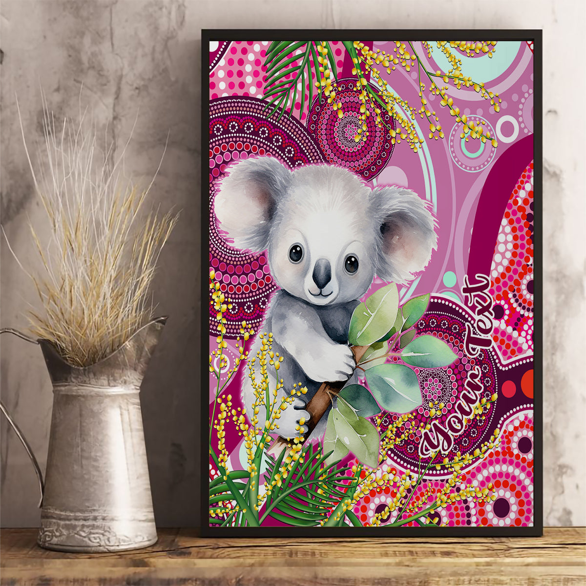 personalised-australia-canvas-wall-art-cute-koala-with-golden-wattle-indigenous-art