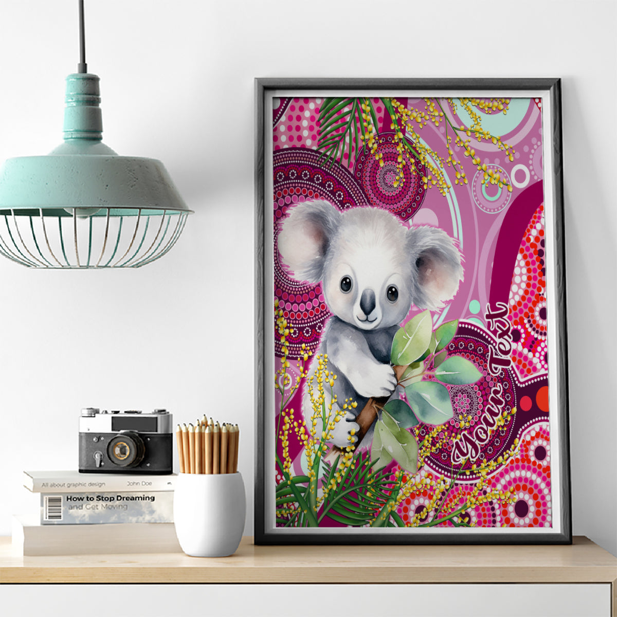 personalised-australia-canvas-wall-art-cute-koala-with-golden-wattle-indigenous-art