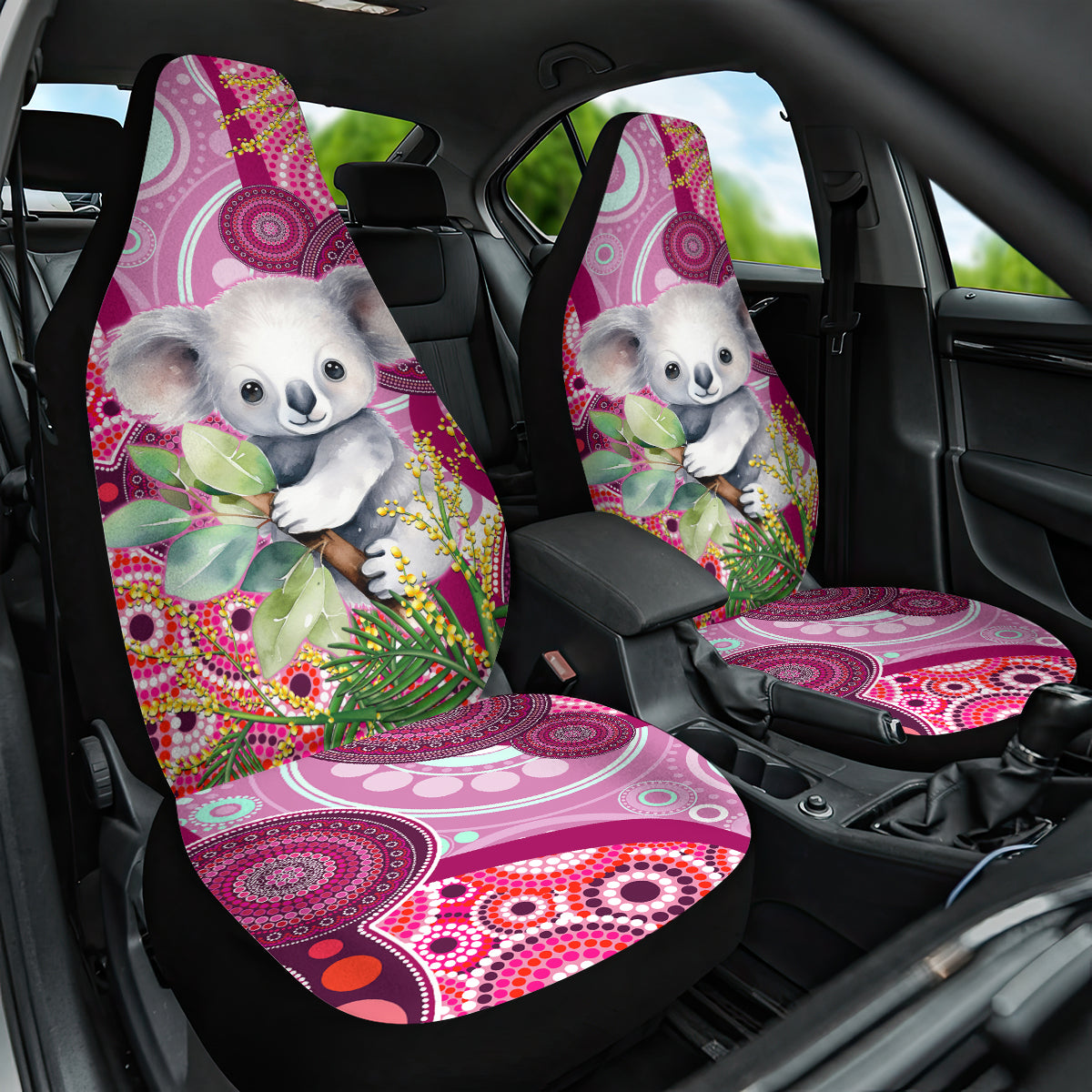 personalised-australia-car-seat-cover-cute-koala-with-golden-wattle-indigenous-art