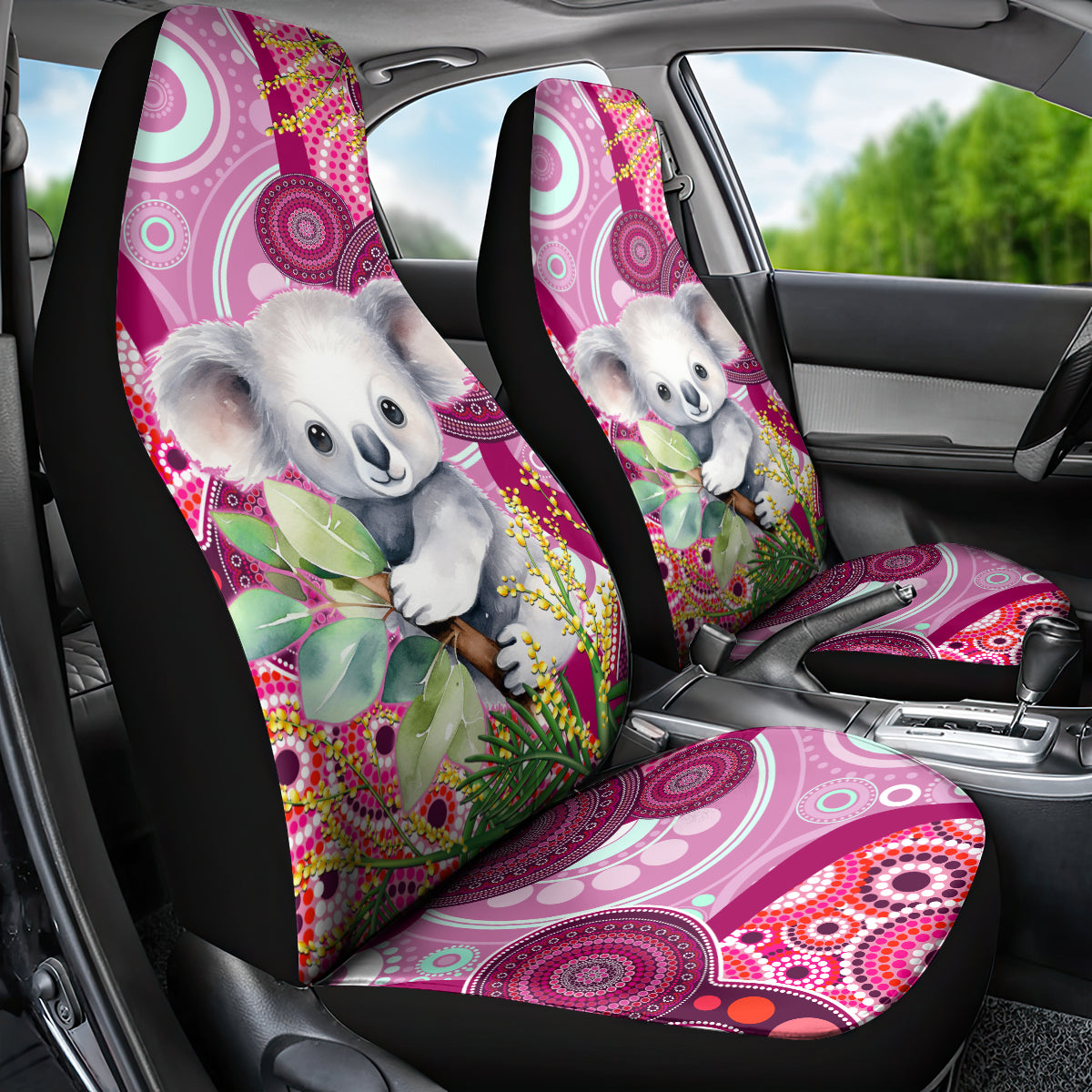 personalised-australia-car-seat-cover-cute-koala-with-golden-wattle-indigenous-art