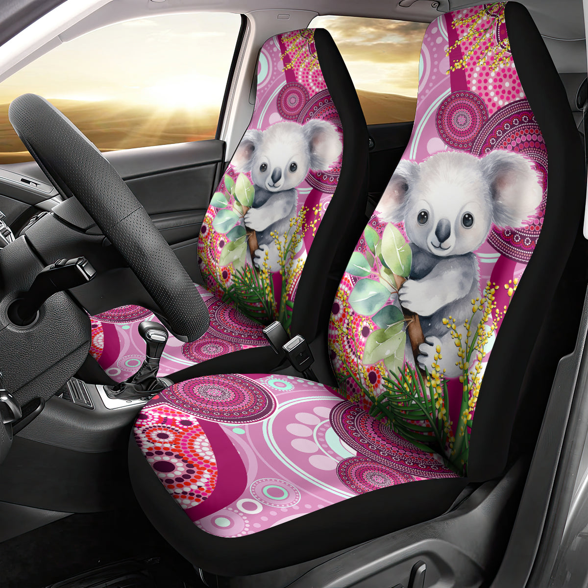 personalised-australia-car-seat-cover-cute-koala-with-golden-wattle-indigenous-art
