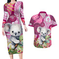 personalised-australia-couples-matching-long-sleeve-bodycon-dress-and-hawaiian-shirt-cute-koala-with-golden-wattle-indigenous-art
