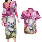 personalised-australia-couples-matching-long-sleeve-bodycon-dress-and-hawaiian-shirt-cute-koala-with-golden-wattle-indigenous-art