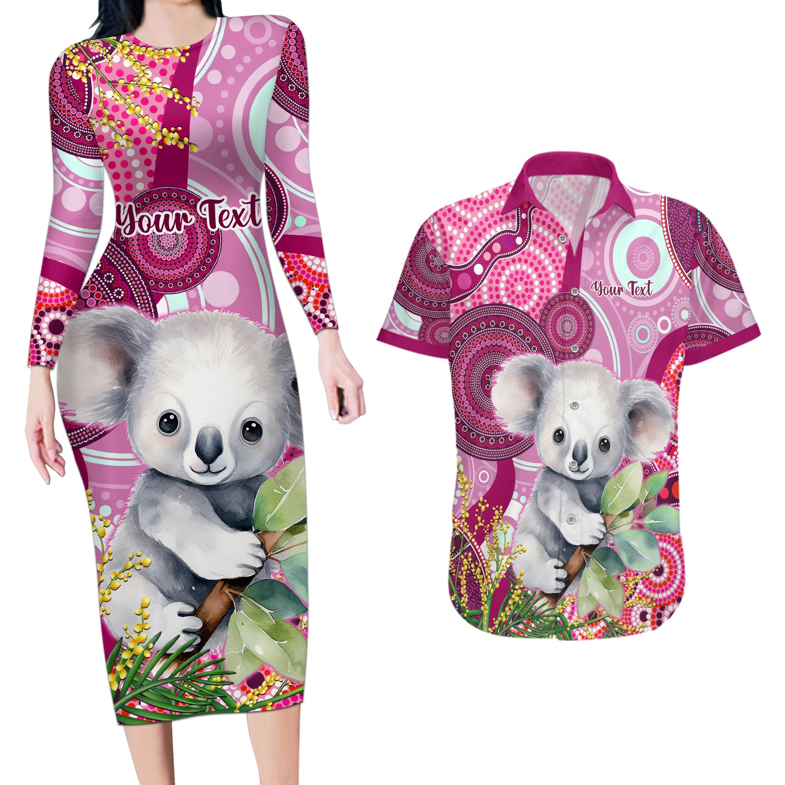 personalised-australia-couples-matching-long-sleeve-bodycon-dress-and-hawaiian-shirt-cute-koala-with-golden-wattle-indigenous-art