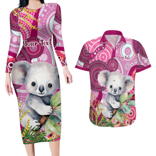 personalised-australia-couples-matching-long-sleeve-bodycon-dress-and-hawaiian-shirt-cute-koala-with-golden-wattle-indigenous-art