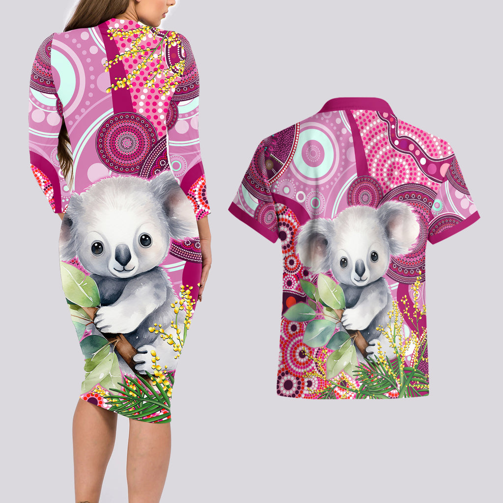 personalised-australia-couples-matching-long-sleeve-bodycon-dress-and-hawaiian-shirt-cute-koala-with-golden-wattle-indigenous-art