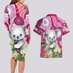personalised-australia-couples-matching-long-sleeve-bodycon-dress-and-hawaiian-shirt-cute-koala-with-golden-wattle-indigenous-art