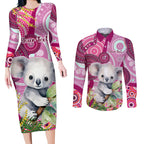 personalised-australia-couples-matching-long-sleeve-bodycon-dress-and-long-sleeve-button-shirts-cute-koala-with-golden-wattle-indigenous-art