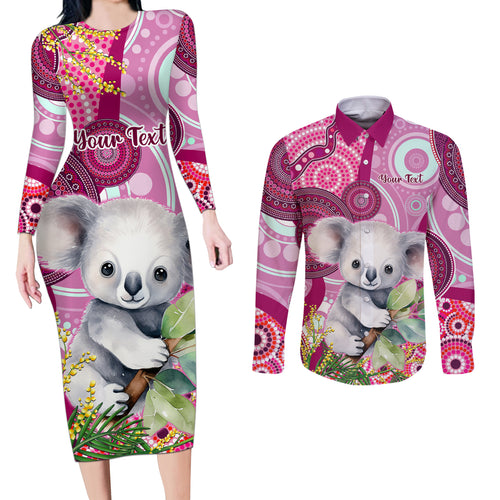 personalised-australia-couples-matching-long-sleeve-bodycon-dress-and-long-sleeve-button-shirts-cute-koala-with-golden-wattle-indigenous-art