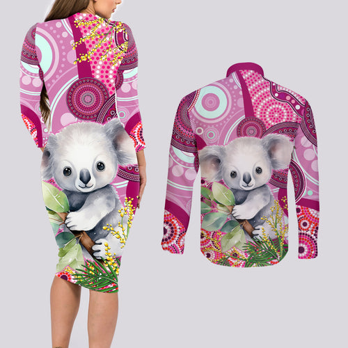 personalised-australia-couples-matching-long-sleeve-bodycon-dress-and-long-sleeve-button-shirts-cute-koala-with-golden-wattle-indigenous-art