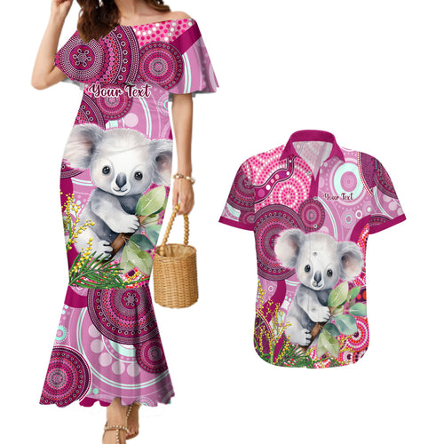 personalised-australia-couples-matching-mermaid-dress-and-hawaiian-shirt-cute-koala-with-golden-wattle-indigenous-art