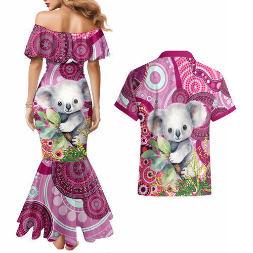 personalised-australia-couples-matching-mermaid-dress-and-hawaiian-shirt-cute-koala-with-golden-wattle-indigenous-art