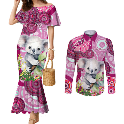 personalised-australia-couples-matching-mermaid-dress-and-long-sleeve-button-shirts-cute-koala-with-golden-wattle-indigenous-art