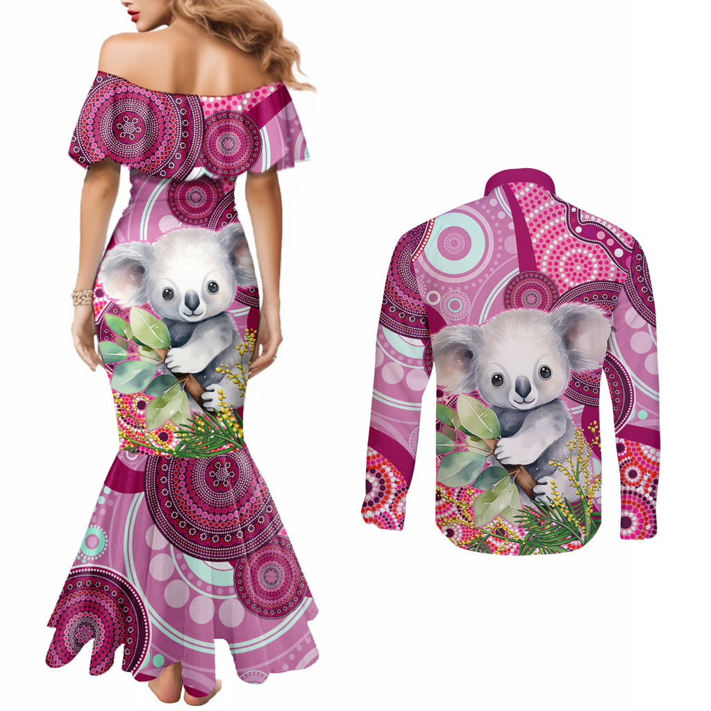 personalised-australia-couples-matching-mermaid-dress-and-long-sleeve-button-shirts-cute-koala-with-golden-wattle-indigenous-art
