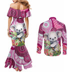 personalised-australia-couples-matching-mermaid-dress-and-long-sleeve-button-shirts-cute-koala-with-golden-wattle-indigenous-art