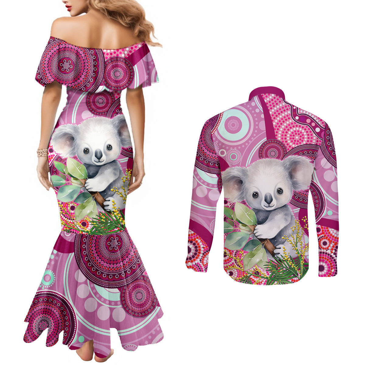 personalised-australia-couples-matching-mermaid-dress-and-long-sleeve-button-shirts-cute-koala-with-golden-wattle-indigenous-art