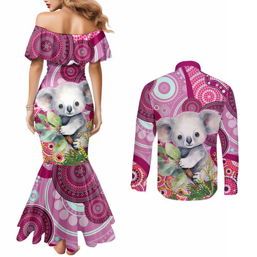 personalised-australia-couples-matching-mermaid-dress-and-long-sleeve-button-shirts-cute-koala-with-golden-wattle-indigenous-art