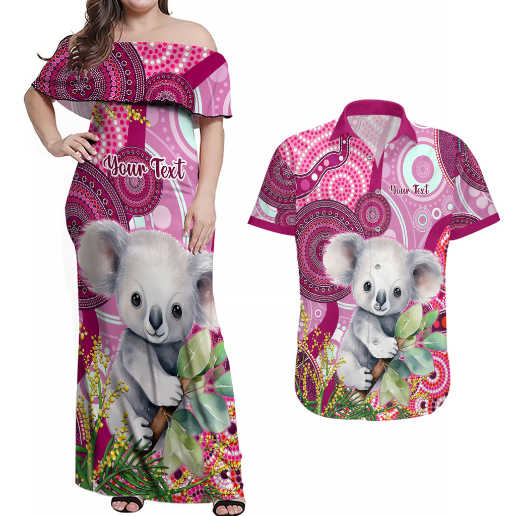 personalised-australia-couples-matching-off-shoulder-maxi-dress-and-hawaiian-shirt-cute-koala-with-golden-wattle-indigenous-art