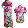 personalised-australia-couples-matching-off-shoulder-maxi-dress-and-hawaiian-shirt-cute-koala-with-golden-wattle-indigenous-art