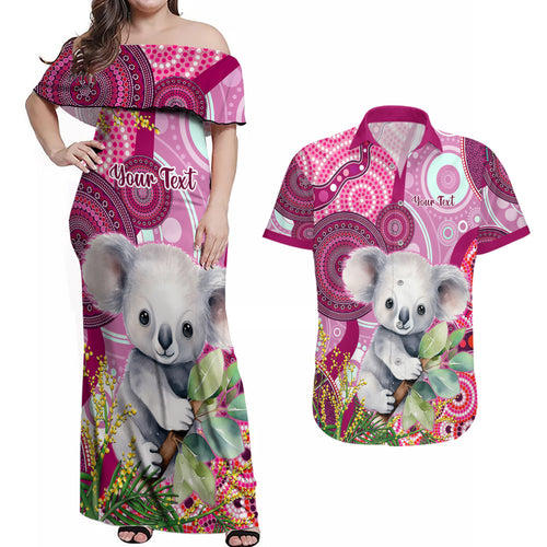 personalised-australia-couples-matching-off-shoulder-maxi-dress-and-hawaiian-shirt-cute-koala-with-golden-wattle-indigenous-art