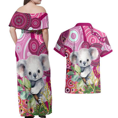 personalised-australia-couples-matching-off-shoulder-maxi-dress-and-hawaiian-shirt-cute-koala-with-golden-wattle-indigenous-art