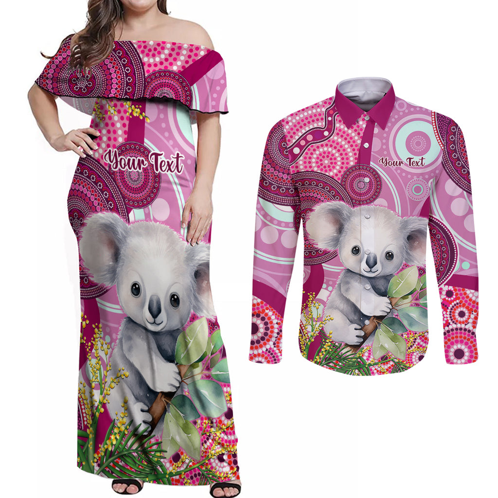 personalised-australia-couples-matching-off-shoulder-maxi-dress-and-long-sleeve-button-shirts-cute-koala-with-golden-wattle-indigenous-art