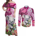personalised-australia-couples-matching-off-shoulder-maxi-dress-and-long-sleeve-button-shirts-cute-koala-with-golden-wattle-indigenous-art