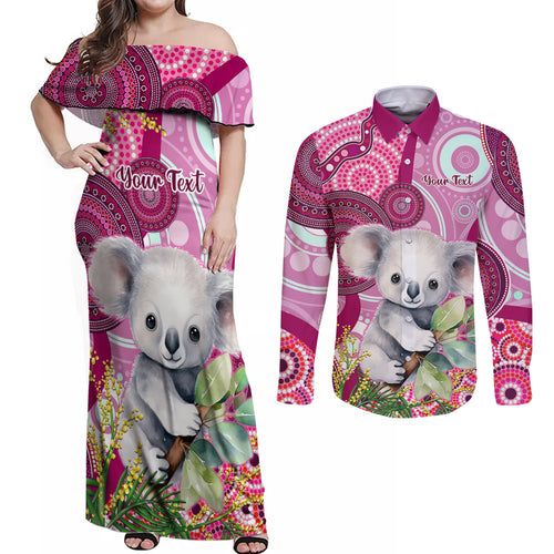 personalised-australia-couples-matching-off-shoulder-maxi-dress-and-long-sleeve-button-shirts-cute-koala-with-golden-wattle-indigenous-art
