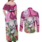 personalised-australia-couples-matching-off-shoulder-maxi-dress-and-long-sleeve-button-shirts-cute-koala-with-golden-wattle-indigenous-art