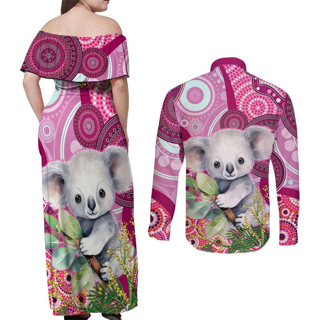 personalised-australia-couples-matching-off-shoulder-maxi-dress-and-long-sleeve-button-shirts-cute-koala-with-golden-wattle-indigenous-art