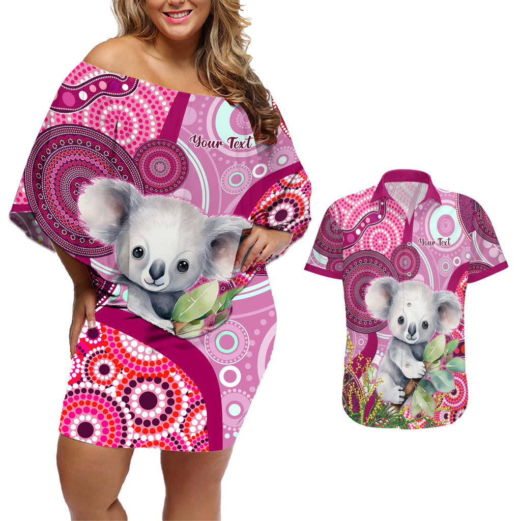 personalised-australia-couples-matching-off-shoulder-short-dress-and-hawaiian-shirt-cute-koala-with-golden-wattle-indigenous-art