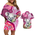 personalised-australia-couples-matching-off-shoulder-short-dress-and-hawaiian-shirt-cute-koala-with-golden-wattle-indigenous-art