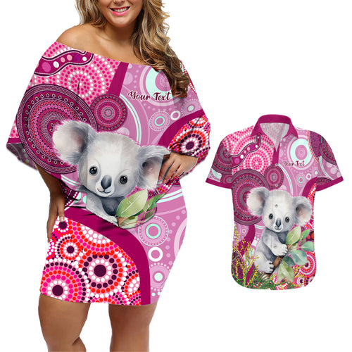 personalised-australia-couples-matching-off-shoulder-short-dress-and-hawaiian-shirt-cute-koala-with-golden-wattle-indigenous-art