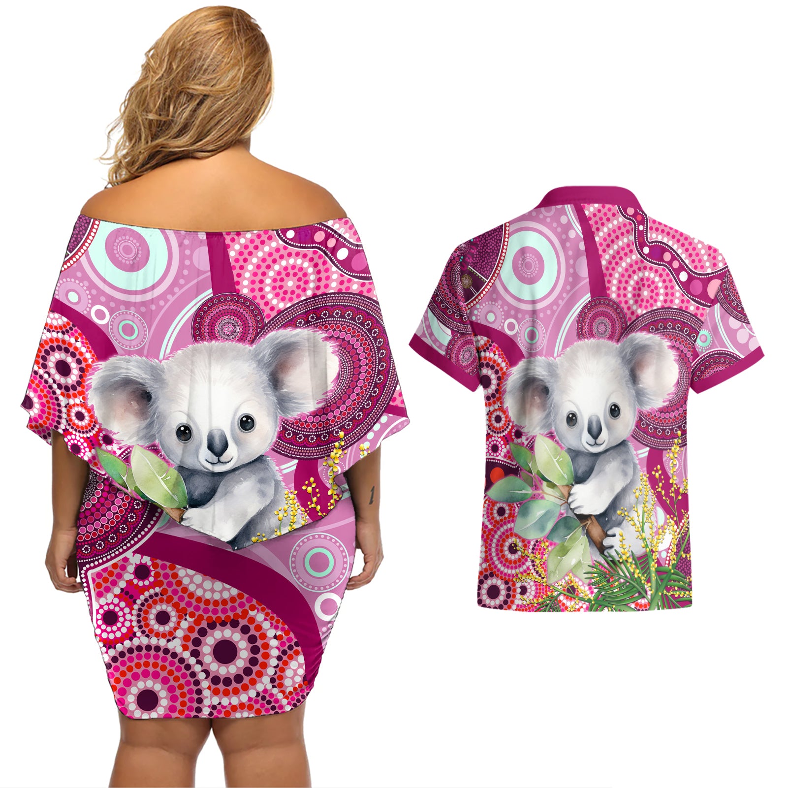 personalised-australia-couples-matching-off-shoulder-short-dress-and-hawaiian-shirt-cute-koala-with-golden-wattle-indigenous-art