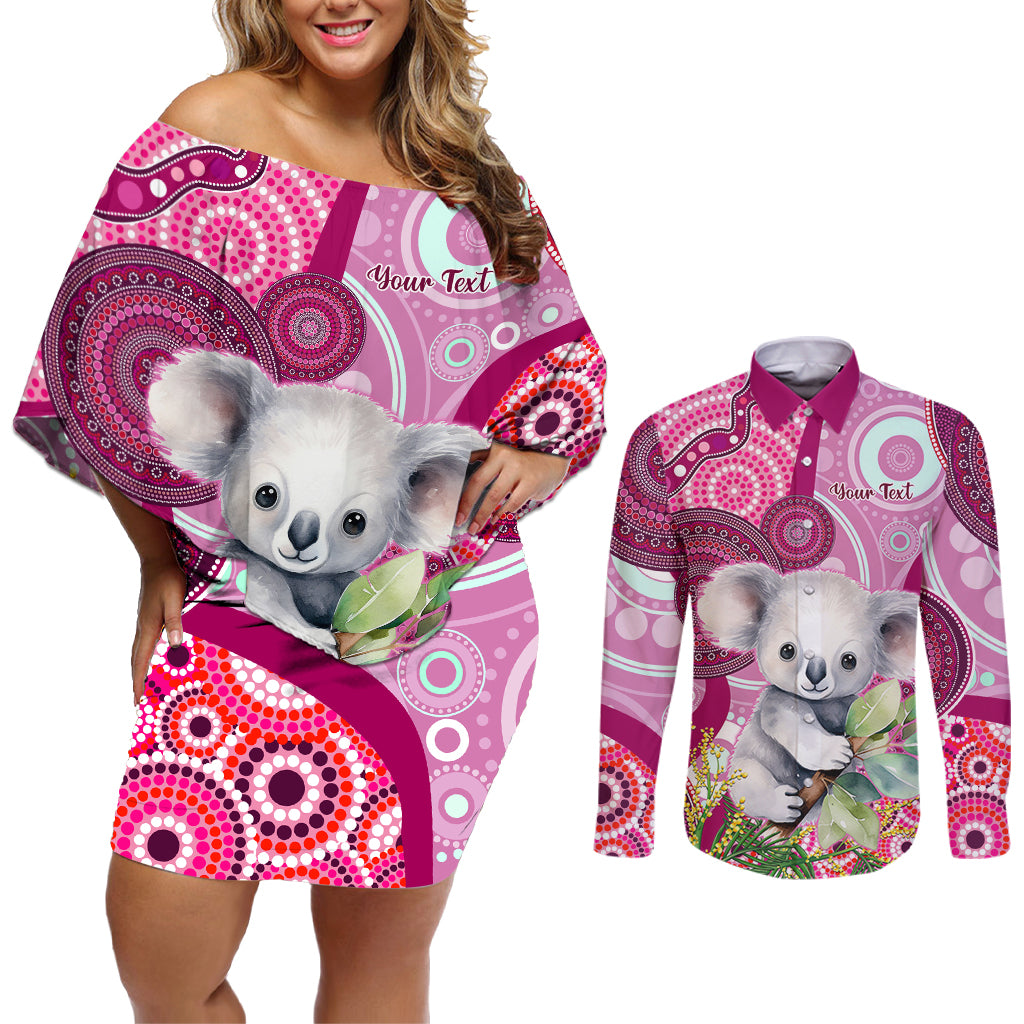 personalised-australia-couples-matching-off-shoulder-short-dress-and-long-sleeve-button-shirts-cute-koala-with-golden-wattle-indigenous-art