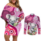 personalised-australia-couples-matching-off-shoulder-short-dress-and-long-sleeve-button-shirts-cute-koala-with-golden-wattle-indigenous-art