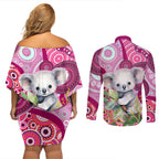 personalised-australia-couples-matching-off-shoulder-short-dress-and-long-sleeve-button-shirts-cute-koala-with-golden-wattle-indigenous-art